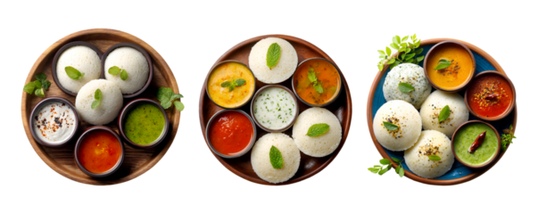 Delicious Idli with various Sambar and Chutney variations