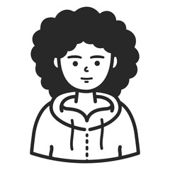 A woman in curly hair in hoodie. Portraits of people black outline stroke. Vector pictures of avatar icon.
