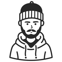 A man in hoodie with hat. Portraits of people black outline stroke. Vector pictures of avatar icon.
