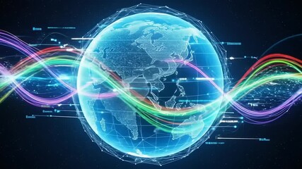 Futuristic digital globe with data streams illustrating global connectivity and technology advancements - Powered by Adobe