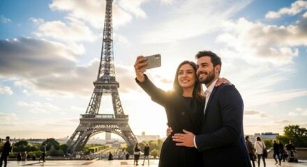 Happy couple taking a selfie with the Eiffel Tower in Paris, France at sunset.