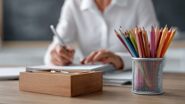 Teacher organizes classroom supplies at a desk during a school day - Powered by Adobe