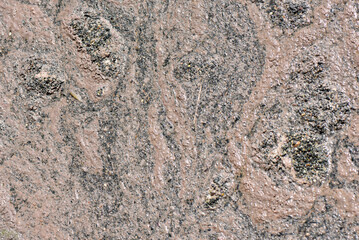 An intricate pattern of pinkish-brown foam and gray sludge, a detail shot from a wastewater treatment facility, showcasing the vital process of cleaning polluted water.