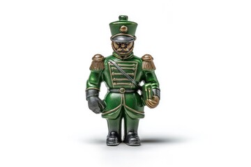 Toy soldier holding book standing on white background