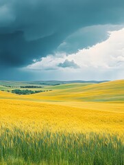 Obraz premium Rolling yellow wheat fields under a dramatic stormy sky with distant trees clouds