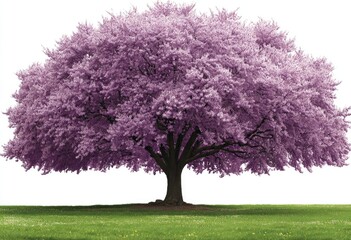 Fototapeta premium Large, vibrant purple flowering tree in a grassy field