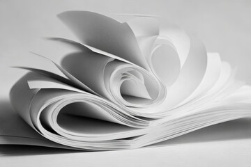 White sheets of paper curled and layered