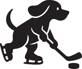 Monochrome silhouette of a playful dog playing ice hockey, a cute canine athlete mascot on skates with a stick and puck.