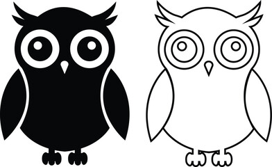 Black owl flat, line icon set, creative vectors of bird silhouette. Simple cartoon nocturnal animal design, decorative graphic symbol artwork. Wildlife illustration isolated on transparent background.