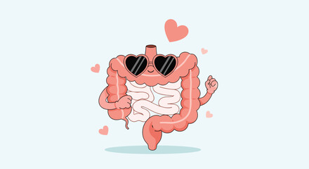 Happy gut health fun cartoon illustration for digestive system awareness month