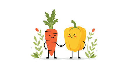 Cute cartoon carrot and yellow bell pepper characters holding hands surrounded by plants and flowers
