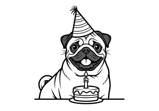 Happy pug dog celebrating with a birthday cake and party hat