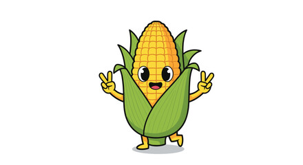 Happy cute corn character dancing with peace signs and groovy moves