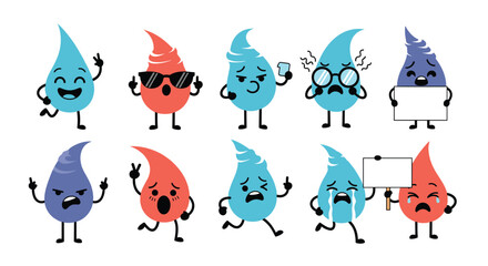 Collection of funny cartoon water droplets expressing different emotions and feelings