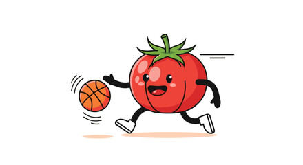 Funny cartoon tomato character playing basketball sport activity