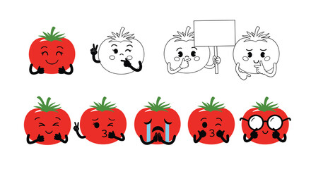Adorable cute kawaii tomato character emoticon collection expressing various emotions fun