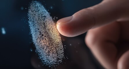 A fingertip scans a digital fingerprint overlay