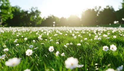 A field of white flowers in a park, bathed in sunlight