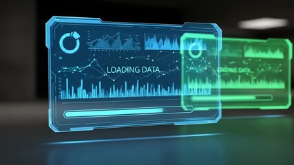 Futuristic digital interface displaying loading data and processing information in a modern workspace - Powered by Adobe