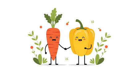 Happy carrot and bell pepper friends holding hands surrounded by leaves and berries