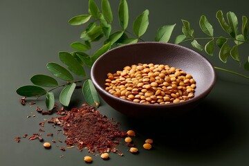 Brown bowl of yellow lentils with green leaves and spices on dark background
