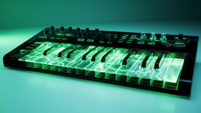 A close-up, low-angle shot of a vintage-style electronic musical keyboard with illuminated green glowing keys and intricate control knobs bathed in moody, atmospheric green lighting.