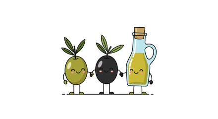 Cute olive oil and olives holding hands friendship cartoon vector illustration