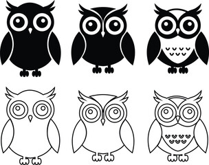 Black owl flat, line icon set, creative vectors of bird silhouette. Simple cartoon nocturnal animal design, decorative graphic symbol artwork. Wildlife illustration isolated on transparent background.