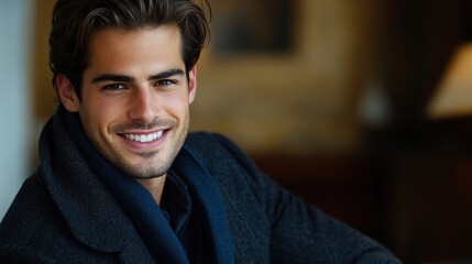 Fototapeta premium Happy man indoors, smiling, relaxed, elegant interior
