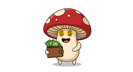 Mushroom character with money in wallet and eyes on white background