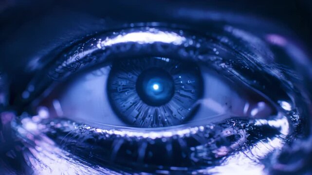 Cybernetic Eye With Circuitry and Neon Pulses