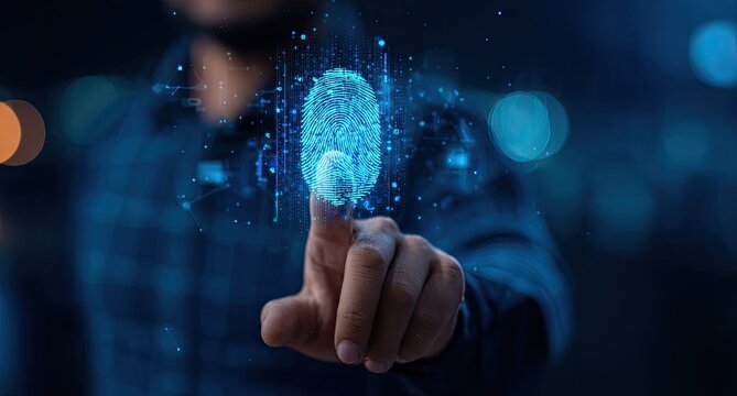 Person's finger touching a digital fingerprint projection