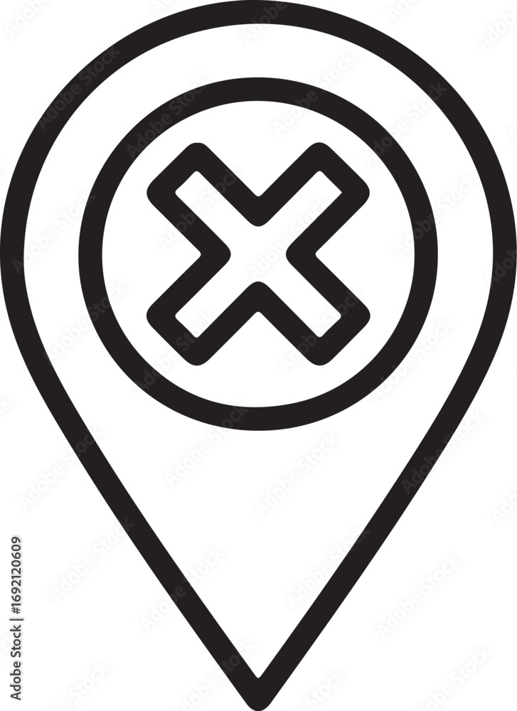 Poster black outline of a location pin with a red x inside a circle