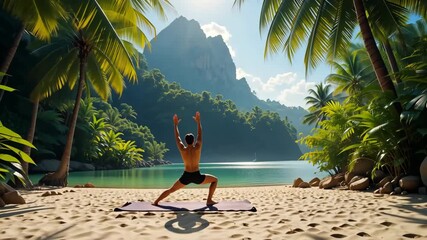 Man practicing yoga on sandy tropical beach with palm trees and mountains in background under bright sunlight. Concept of healthy lifestyle - Powered by Adobe
