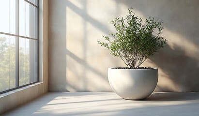Fototapeta premium Serene home decor concept with a potted plant by a large window, bathed in soft natural sunlight creating a tranquil and minimalist ambiance