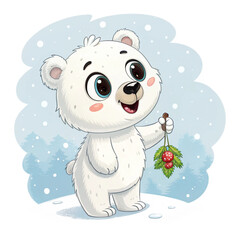 Cute cartoon polar bear cub on transparent background for winter illustrations, festive posters, nursery designs and educational materials
