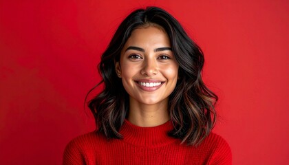 Fototapeta premium A radiant and confident young woman with a genuine smile, exuding warmth and happiness against a vibrant red backdrop, representing joy and positivity and a healthy lifestyle