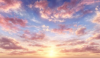 Obraz premium Wide shot of a vibrant sunset sky filled with fluffy clouds in shades of pink, orange, and blue