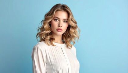 Fototapeta premium Studio portrait of an attractive young woman with gorgeous wavy blonde hair and a confident, serene expression against a solid blue background
