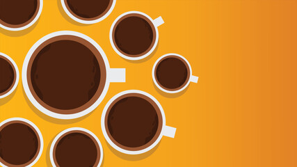 Multiple coffee cups top view on vibrant orange background