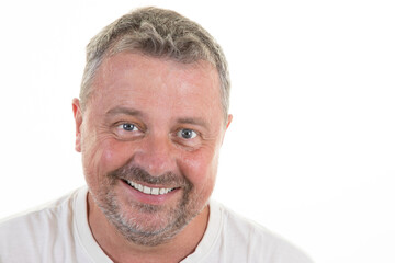 portrait of smiling man handsome blue eye in white shirt bearded middle aged guy happy smile posing over white background aside empty copy space	

