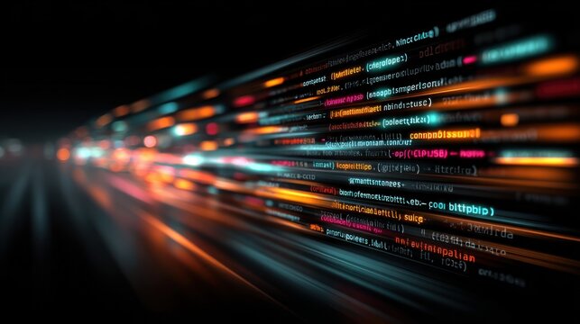 Orange-blue code lines streaming in dark space