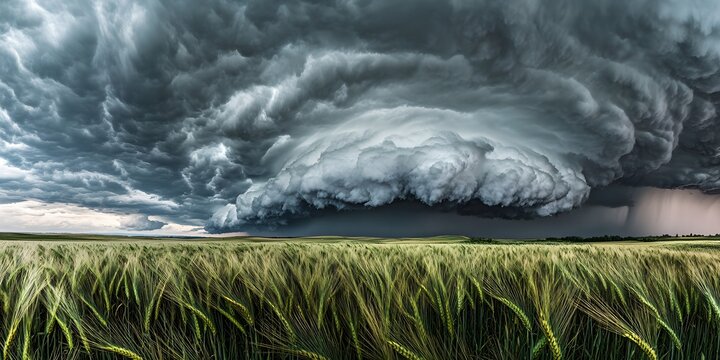 A dramatic supercell thunderstorm looms over a vast field of golden wheat under a turbulent sky