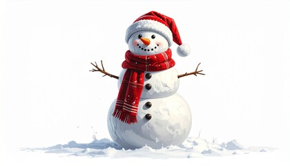 Charming illustrated snowman wearing a red Santa hat and scarf, a joyful symbol of winter holidays and Christmas celebration