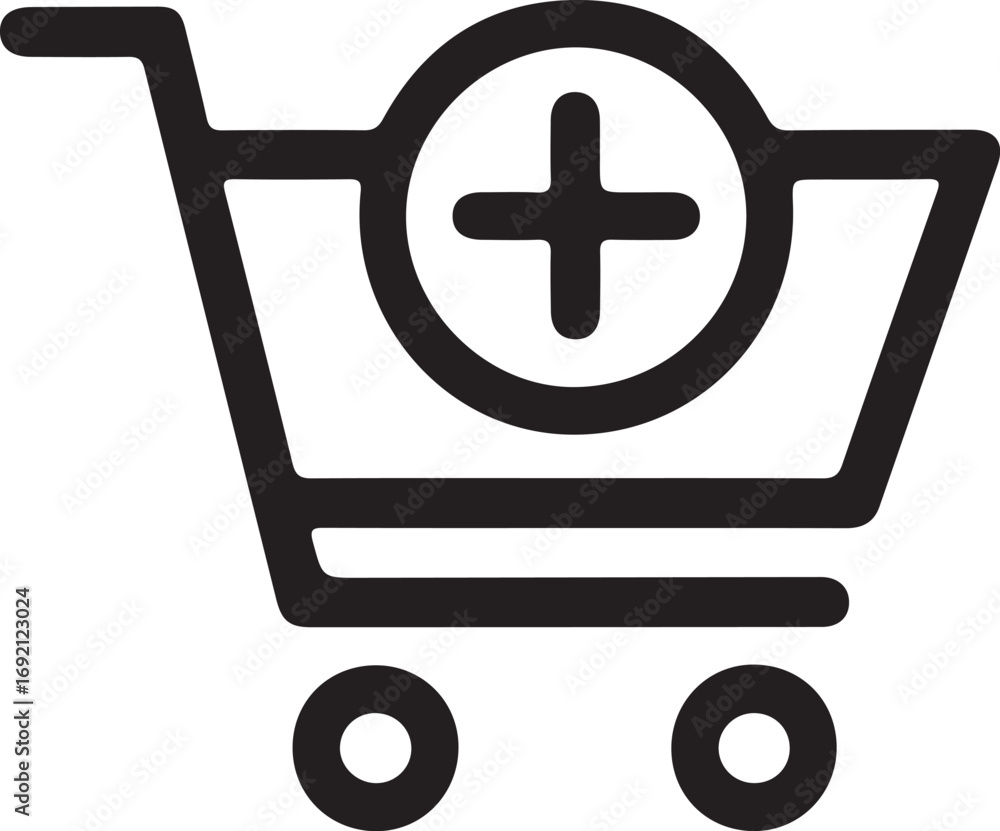 Poster simple black outline icon of a shopping cart with a plus sign inside a circle