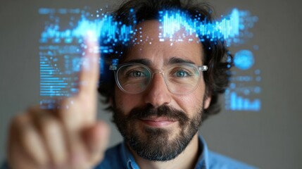 Male Scientist Using Touchscreen Interface with Data Visualizations in Modern Laboratory