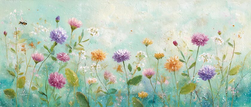 honeybees visiting clover, cornflowers and yarrow, breezy field botanicals painted in translucent layers, pale mint background, subtle bloom effects, large open center for text