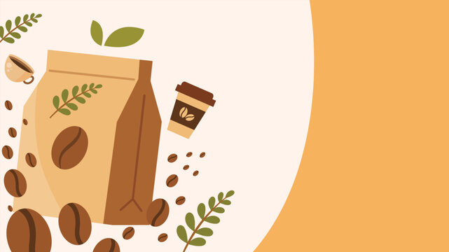 Coffee packaging with beans leaves and cup flat illustration