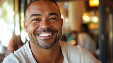 Obraz premium Happy man smiling in cafe, blurred background