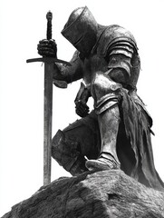 Medieval knight kneeling with sword on rock